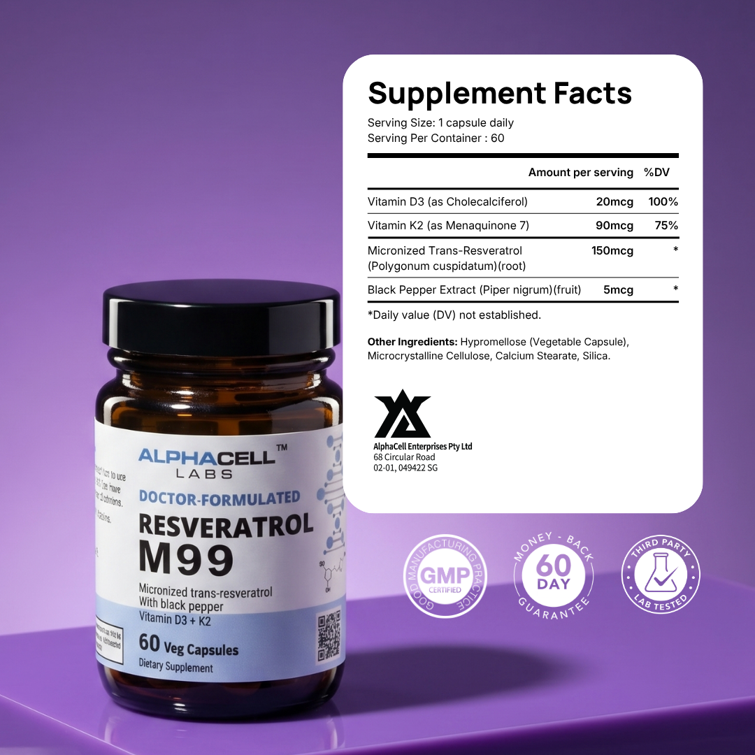Micronized Resveratrol (99% Pure) Transresveratrol, With Black Pepper, D3 and K2