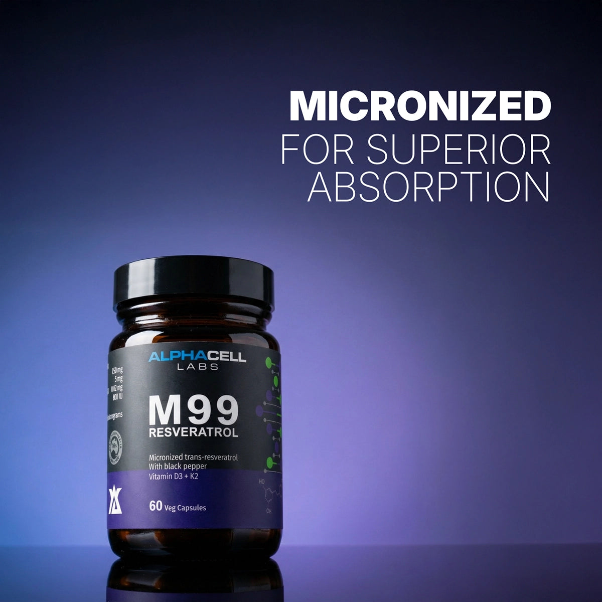 Micronized Resveratrol (99% Pure) Transresveratrol, With Black Pepper, D3 and K2