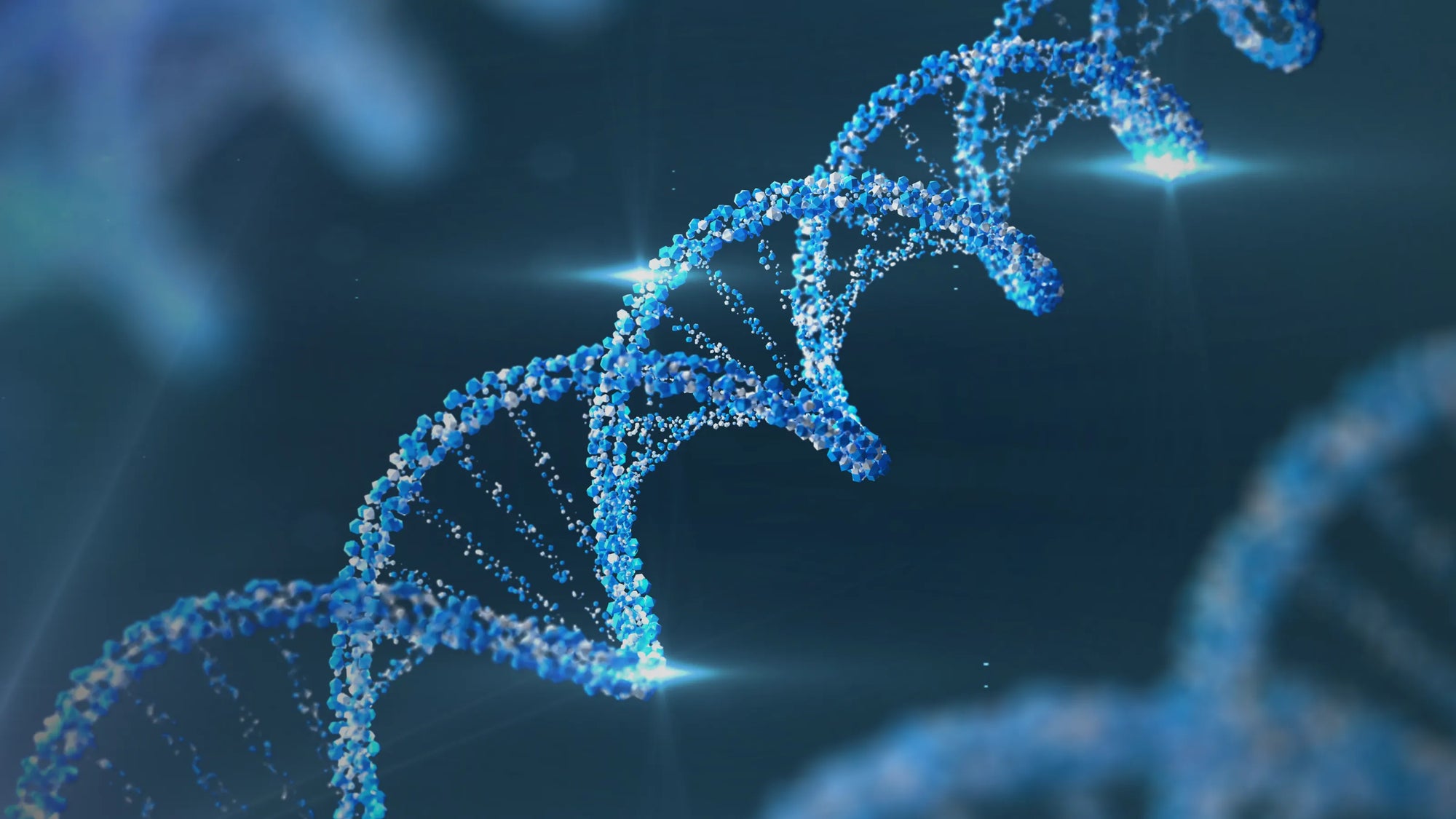 3D rendering of a DNA double helix on a dark background